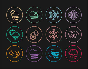 Poster - Set line Cloud with rain, snow, Snowflake, Water drop percentage, and sun, and lightning icon. Vector