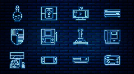 Poster - Set line Mobile and playing in game, Cartridge, Live streaming online, Portable video console, Shield for, Bottle with magic elixir, Joystick arcade machine and Mystery random box icon. Vector