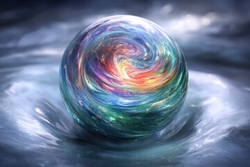 Poster - A vibrant, swirling galaxy captured within a glass sphere, resting on a luminous, flowing surface.
