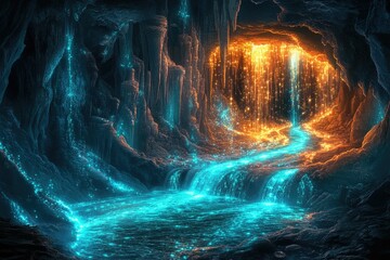 Aufkleber - Enchanted cave with glowing waterfalls and vibrant turquoise waters, a mystical subterranean realm.