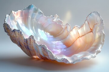 Poster - A large, iridescent seashell, seemingly crafted from glass, displays intricate details and a captivating pearlescent sheen.
