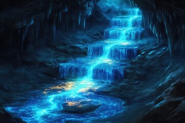 Poster - A mystical underground waterfall cascades down a series of rock formations in a glowing blue cave.