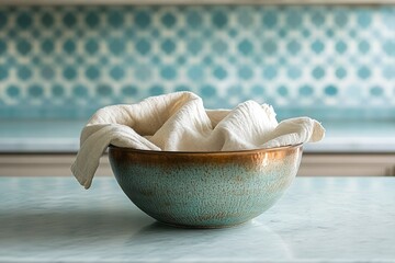 Poster - A teal ceramic bowl with a beige linen cloth draped inside, sitting on a marble countertop.