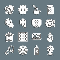 Poster - set line honeycomb bee location, jar of honey, hanging sign with honeycomb, dipper stick, bee and an