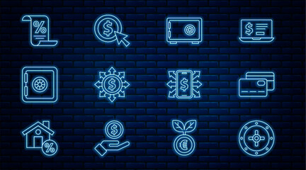 Poster - set line safe, credit card, dollar, share, network, finance document, smartphone with dollar and coi