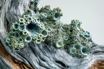Poster - Close-up of blue-green lichen thriving on a textured piece of driftwood.