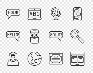 Poster - set line graduate and graduation cap, online translator, earth globe, hola different languages, fore