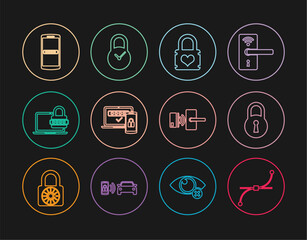 Poster - set line bezier curve, lock, padlock with heart, two steps authentication, laptop password, mobile a