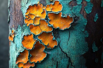 Fototapete - Vibrant orange and teal lichen patterns on a tree bark, showcasing nature's intricate artistry.