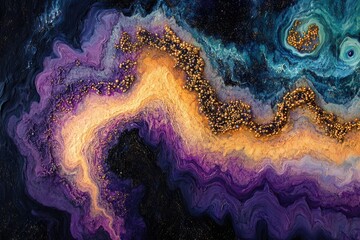 Aufkleber - Abstract cosmic artwork featuring swirling purple, gold, and blue hues with embedded golden beads, resembling a celestial river.