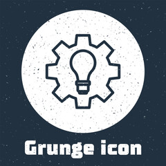 Poster - Grunge line Light bulb and gear icon isolated on grey background. Innovation concept. Business idea. Monochrome vintage drawing. Vector