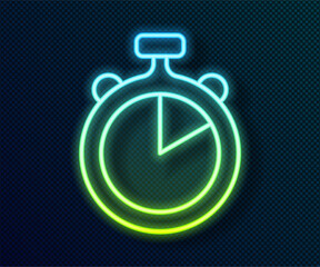 Poster - Glowing neon line Stopwatch icon isolated on black background. Time timer sign. Chronometer sign. Vector