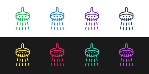 Poster - Set line Shower head with water drops flowing icon isolated on black and white background. Vector