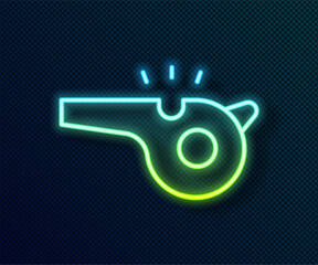 Poster - Glowing neon line Whistle icon isolated on black background. Referee symbol. Fitness and sport sign. Vector