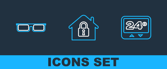 Poster - Set line Thermostat, Glasses and House under protection icon. Vector