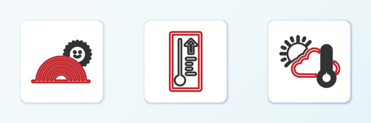 Poster - Set line Thermometer and cloud, sun, Rainbow with and Meteorology thermometer icon. Vector