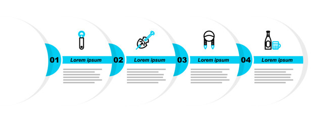 Poster - Set line Beer bottle and glass, Braid, Violin and Bottle opener icon. Vector