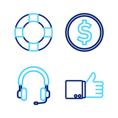 Poster - set line hand thumb up, headphones, coin money with dollar and lifebuoy icon. vector