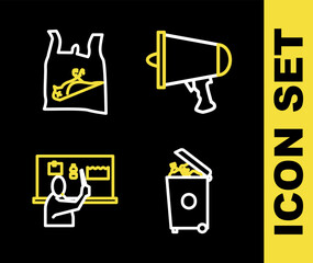 Poster - Set line Spread the word, megaphone, Trash can, Stop plastic pollution and Dead bird, icon. Vector