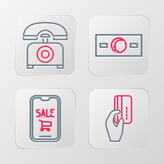Poster - set line hand holding with credit card, mobile phone shopping cart, paper money cash and telephone i