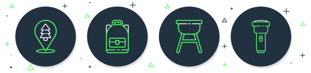 Poster - Set line Hiking backpack, Barbecue grill, Location of the forest and Flashlight icon. Vector