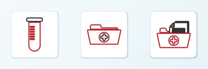Poster - Set line Health record folder, Test tube flask and icon. Vector