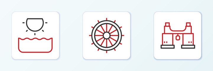 Poster - Set line Binoculars, Sun and Ship steering wheel icon. Vector