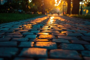 Aufkleber - Sunset illuminates a cobblestone path in a park, creating a warm, inviting atmosphere.