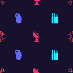 Poster - set bullet, hand grenade, radar and with targets on seamless pattern. vector