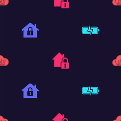 Poster - set battery, house under protection, and internet of things on seamless pattern. vector