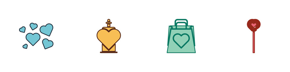 Poster - Set Heart, Bottle with love potion, Shopping bag heart and Lollipop icon. Vector