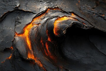 Aufkleber - Glowing orange lava flows through dark, cracked volcanic rock, creating a dramatic, textured landscape.