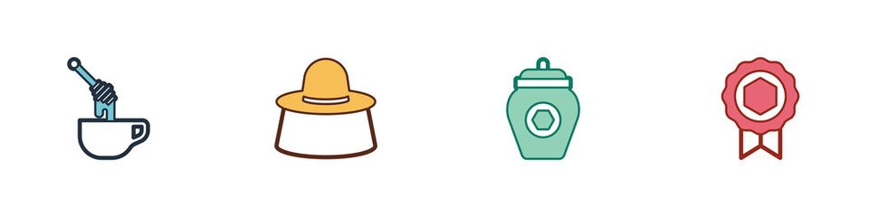 Poster - set honey dipper stick with honey, beekeeper protect hat, jar of and medal icon. vector