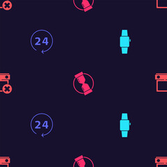 Poster - set smartwatch, clock 24 hours, old hourglass and calendar date delete on seamless pattern. vector