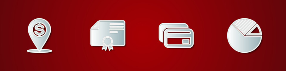 Poster - set cash location pin, certificate template, credit card and pie chart infographic icon. vector