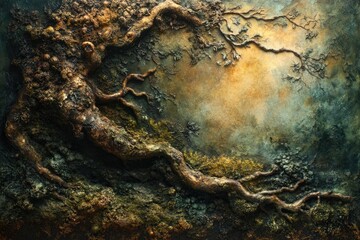 Aufkleber - A textured, 3D artwork depicting an ancient, gnarled tree rooted in mossy earth, bathed in warm, earthy tones.