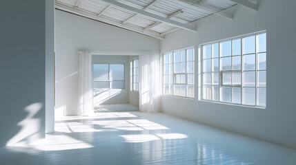 Poster - Bright empty white room interior design with large windows and natural sunlight studio architecture
