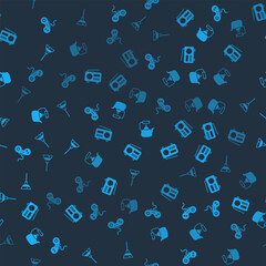 Poster - set gamepad, radio, kettle with handle and handle broom on seamless pattern. vector