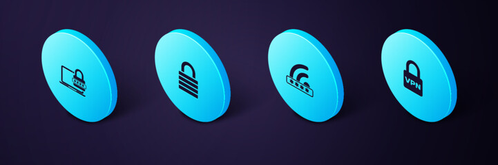 Poster - set isometric lock vpn, wifi locked, and laptop with password icon. vector