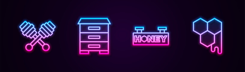 Poster - set line honey dipper stick, hive for bees, hanging sign with honeycomb and honeycomb. glowing neon 