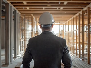 Poster - Architect man in helmet and suit at modern home building investor in front of construction