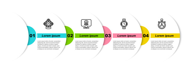Poster - Set line Aqualung, Scallop sea shell, Diving watch and Stopwatch. Business infographic template. Vector
