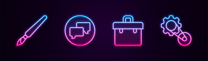 Poster - Set line Paint brush, Speech bubble chat, Briefcase and Timing belt kit. Glowing neon icon. Vector