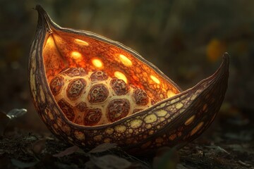 Poster - Glowing seed pod, intricate texture, nestled in nature's embrace, magical forest scene.