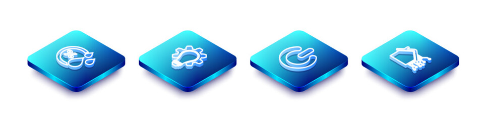 Fototapete - Set Isometric line Humidity, Light bulb and gear, Power button and Smart home icon. Vector