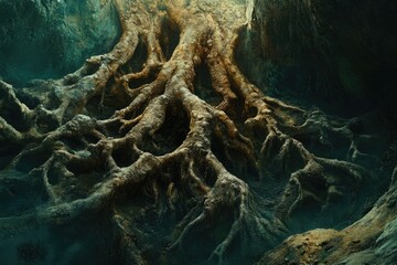 Poster - Massive ancient tree roots sprawling underground, creating a mystical, cavernous scene.