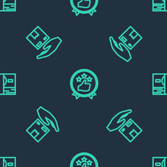 Poster - set line consumer or customer product rating, delivery hand with boxes and stacks paper money cash o