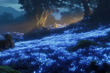Poster - Enchanted forest at night, glowing blue flowers illuminate a mystical landscape under starry sky.