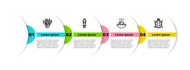 Poster - Set line Seaweed, Octopus, Puffer fish soup and Turtle. Business infographic template. Vector