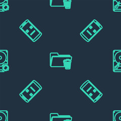 Poster - Set line Delete folder, Dead mobile and Hard disk drive HDD sync refresh on seamless pattern. Vector
